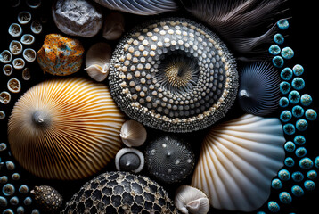 abstract texture of seashell fish scales moss kelp snake skin nautilus shell mother of pearl sparkling ocean waters arranged beautiful pattern background.generative ai. - obrazy, fototapety, plakaty