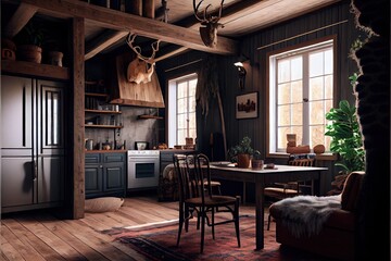 Kitchen interior of a house with a table. Forest cabin. Generative AI