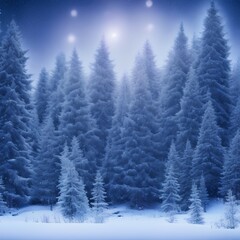 Fototapeta na wymiar Winter landscape with fir trees, snowflakes and heavy snowfall shining stars in the sky - generative ai