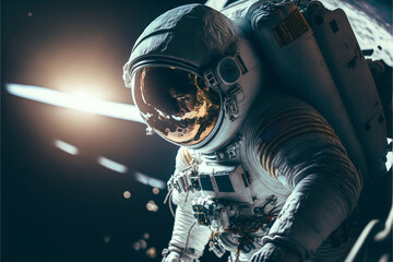 An astronaut on the moon. A high-tech astronaut from the future. The concept of space travel. Generative AI