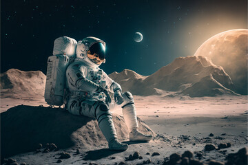 An astronaut on the moon. A high-tech astronaut from the future. The concept of space travel. Generative AI