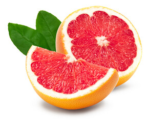 cut of grapefruit with green leaves isolated on white background. clipping path