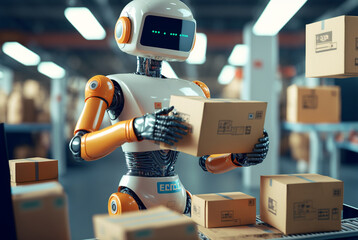 a cute small robot and a parcel, postal parcel or logistic center. Generative AI