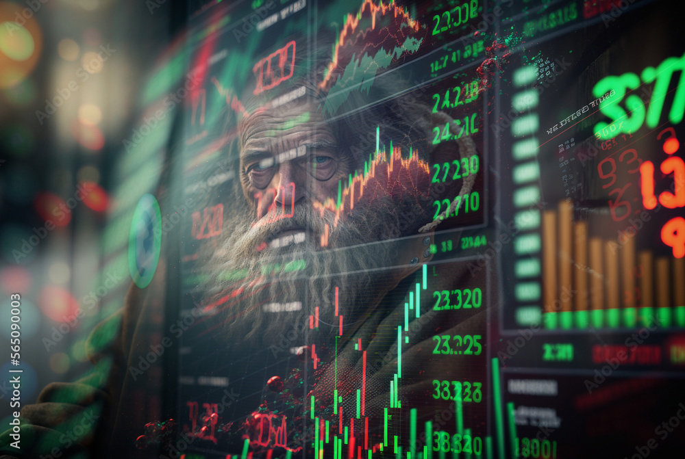 Wall mural a homeless or sad old man in the background of a chart analysis of the stock market. Generative AI