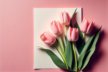 Tulips spring flowers bouquet composition on pastel pink background. Valentine's Day. Top view, copy space. Generative AI