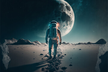 An astronaut on the moon. A high-tech astronaut from the future. The concept of space travel. Generative AI
