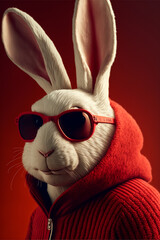White rabbit wearing glasses and jacket on red background. Generative ai