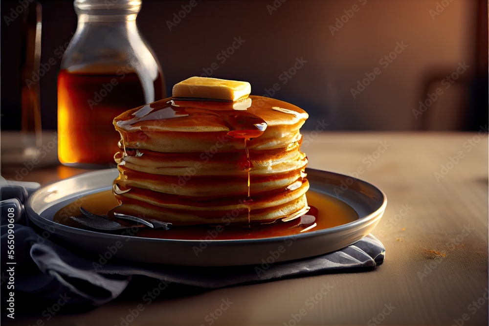 Wall mural stack of pancakes with butter and maple syrup. generative ai
