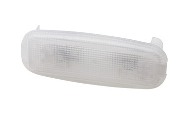 A  transparent plastic shade for illuminating the interior on a white isolated background in a photo studio - spare parts for repairing a car interior or for sale in a auto service.