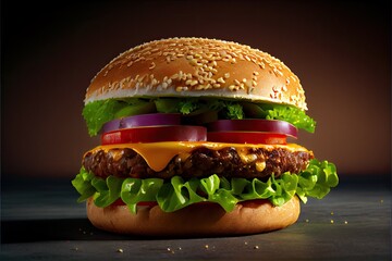 Hamburger with cheese and onions on black background. Generative AI