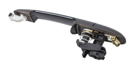 Spare part and body element outer handle of opening a door from a car on a white isolated background. Auto service industry.