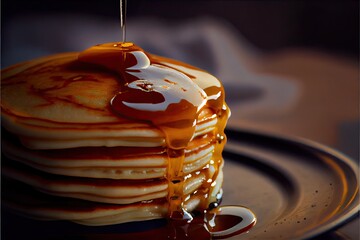 Stack of pancakes with butter and maple syrup. Close up macro photography. Generative AI - obrazy, fototapety, plakaty