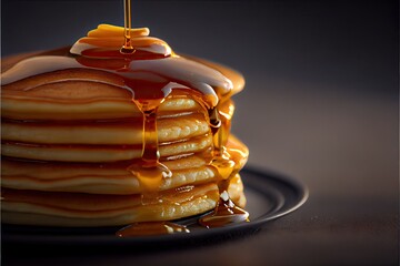 Stack of pancakes with butter and maple syrup. Close up macro photography. Generative AI