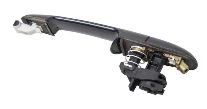 Spare part and body element outer handle of opening a door from a car on a white isolated background. Auto service industry.