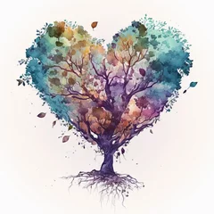 Fotobehang The Tree of love. Heart tree. Symbol of love. Heart watercolor painting. Watercolor valentines day background © Aquir