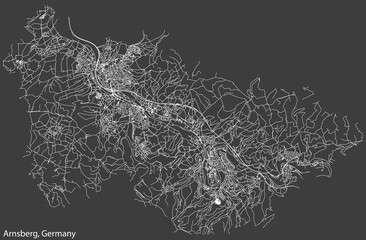 Detailed negative navigation white lines urban street roads map of the German town of ARNSBERG, GERMANY on dark gray background