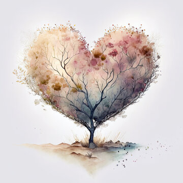 The Tree of love. Heart tree. Symbol of love. Heart watercolor painting. Watercolor valentines day background