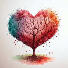 The Tree of love. Heart tree. Symbol of love. Heart watercolor painting. Watercolor valentines day background