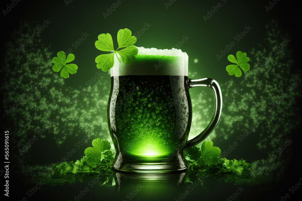 Poster st patrick's day green beer with shamrock and bstract green bokeh background for happy st patrick's 