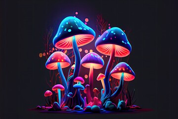 Glowing fantasy colorful mushrooms on black background. Generative AI