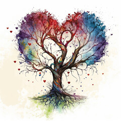 The Tree of love. Heart tree. Symbol of love. Heart watercolor painting. Watercolor valentines day background - obrazy, fototapety, plakaty