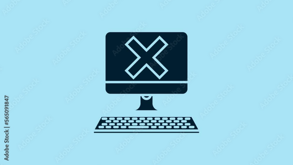 Poster blue computer with keyboard and x mark icon isolated on blue background. error window, exit button, 