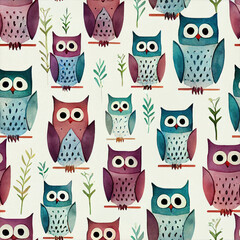 Seamless Watercolor Owls Pattern