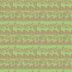 Seamless pattern with outline houses on green background vector