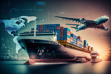 Air and water transport and road transport, a cargo ship a truck and an airplane and America, USA. Generative AI