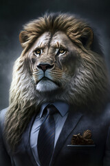 A concept of businessman. One idea is that the businessman has the head of an animal. Portrait of a lion dressed in a formal suit. The image was created with artificial intelligence. AI