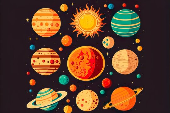 Vector hand-drawn illustration of planets of the solar system in a flat style. Cartoon childish solar system. Generative AI.