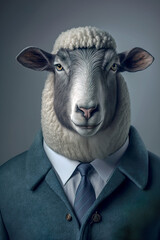 A concept of businessman. One idea is that the businessman has the head of an animal. Portrait of a lamb dressed in a formal suit. The image was created with artificial intelligence. AI