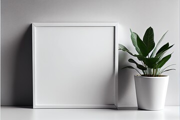 Empty white frame with copy space near a plant. Generative AI