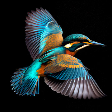 Image of common kingfisher (Alcedo atthis) in flight isolated on black background. Bird. Animals. Generating Ai.