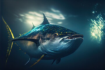 Tuna fish closeup underwater in the ocean. Generative AI