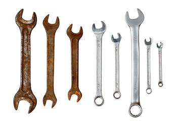 A set of old and modern wrenches on a white background.