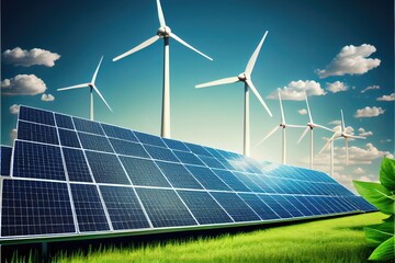 Cco-friendly renewable sustainable energy power supply with wind turbines and solar panels, clear sky. Generative AI