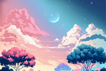 Pastel Color of Sky With Tree Background. Illustration Graphic Design with Generative AI.
