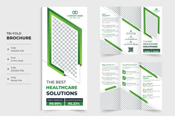 Medical service tri fold brochure template design with abstract green shapes. Hospital promotional poster design for marketing. Healthcare center advertisement template design with photo placeholders.