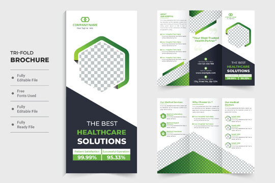 Modern Hospital Double Sided Tri Fold Brochure Vector For Advertisement. Medical Poster Design With Green And Dark Colors. Healthcare Center Trifold Brochure Vector With Photo Placeholders.