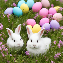 Fototapeta Cute and fluffy Easter Bunny in a field of colorful Easter eggs. Generative Artificial Intelligence. obraz