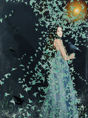Ilustracja grafika młoda kobieta z długimi włosami z krukiem, otoczona zwisającym zielonym bluszczem.