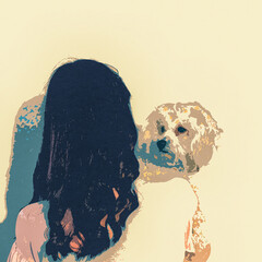 Ilustracja grafika dziewczyna z małym psem na ramieniu odwrócona tyłem, jasne kolory. - obrazy, fototapety, plakaty