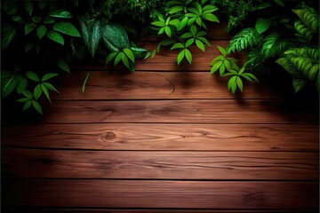 wooden background with green leaves. Generative AI