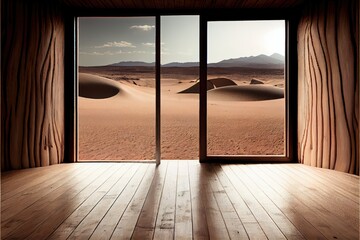 Open windows with a desert sand dunes view, wooden floor room. Generative AI