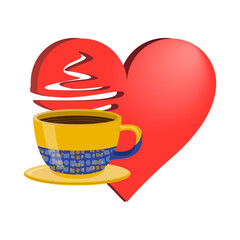 Valentine day heart and Cup Logo in realistic style. Simple volumetric red heart icon. Yellow blue Cup of tea coffee. Colorful vector illustration isolated on white background.