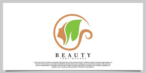 beauty logo design with head women and leaf creative concept