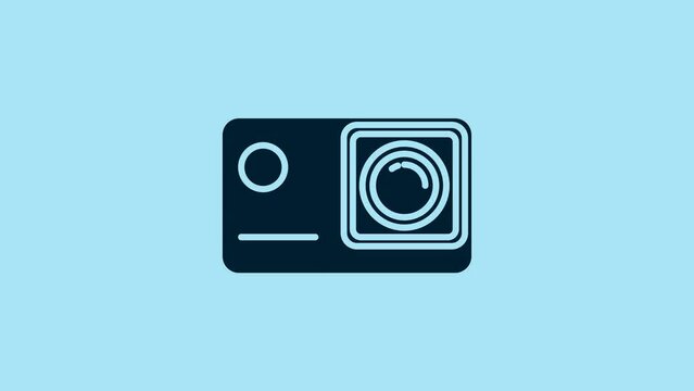 Blue Action extreme camera icon isolated on blue background. Video camera equipment for filming extreme sports. 4K Video motion graphic animation