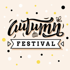 Handdrawn vector illustration with color lettering on textured background Autumn Festival with set of icons for poster, banner, template, decor, festival, picnic, invitation, advertising, design, card