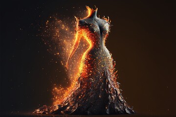 A beautiful haute couture dress on a mannequin that is made of a fiery fabric with sparkles and small flames. - obrazy, fototapety, plakaty
